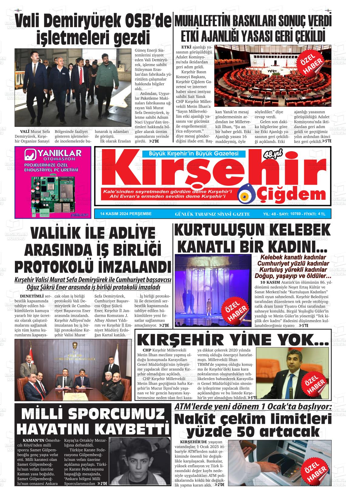 14 Kasım 2024 Kırşehir Çiğdem Gazete Manşeti