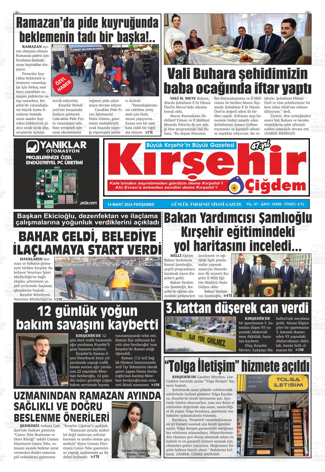 14 Mart 2024 Kırşehir Çiğdem Gazete Manşeti