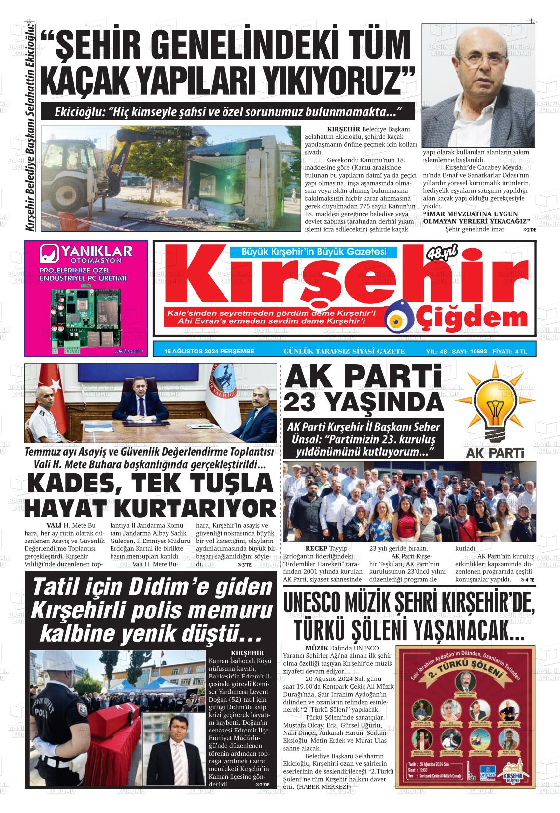 15 Ağustos 2024 Kırşehir Çiğdem Gazete Manşeti