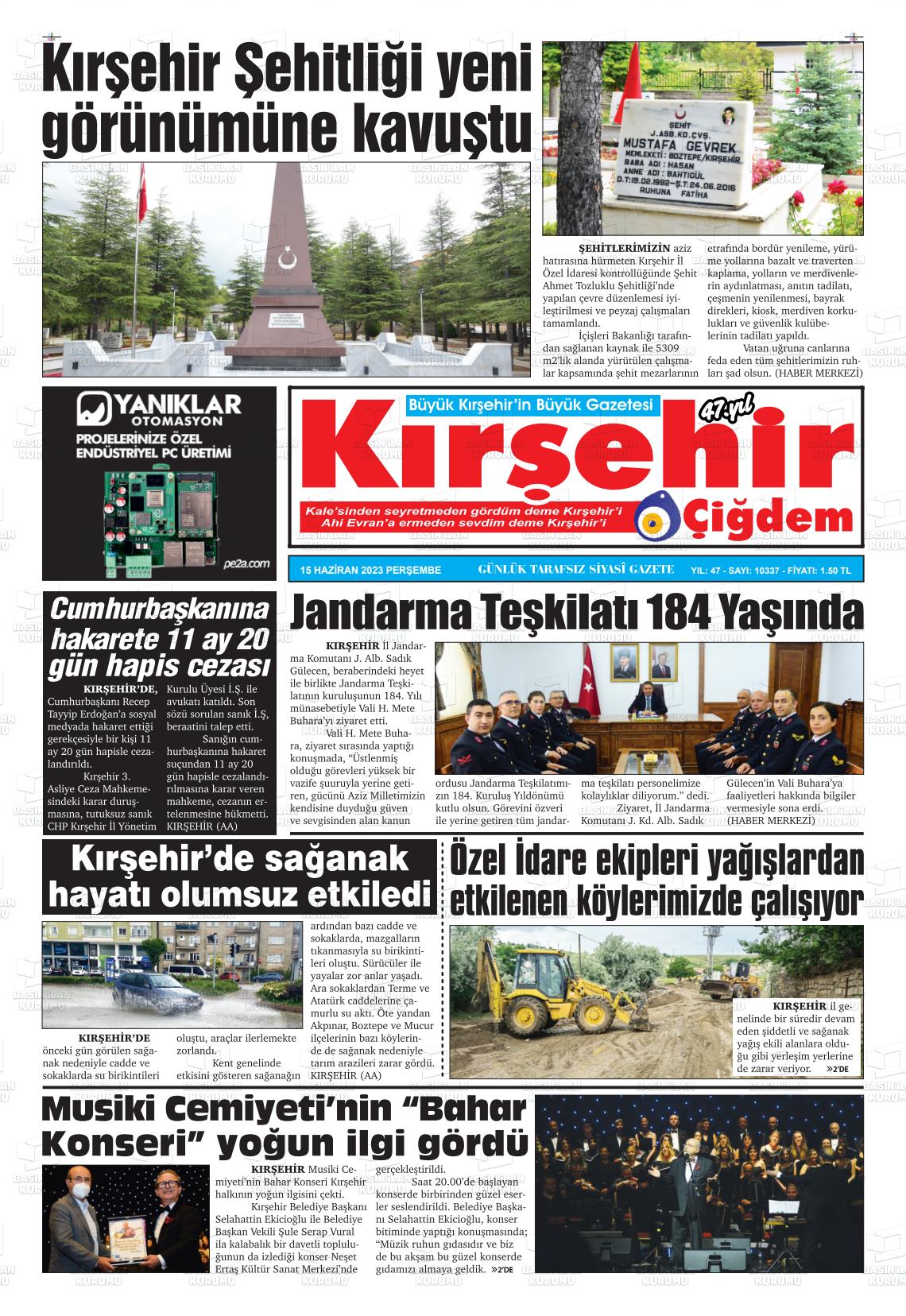 15 Haziran 2023 Kırşehir Çiğdem Gazete Manşeti