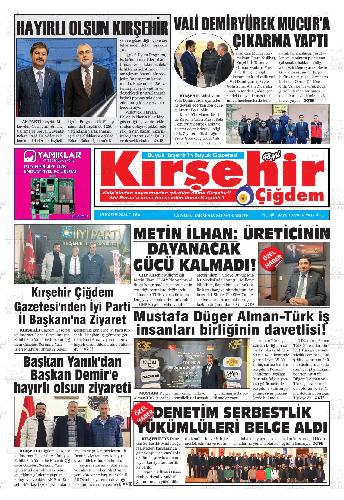 15 Kasım 2024 Kırşehir Çiğdem Gazete Manşeti