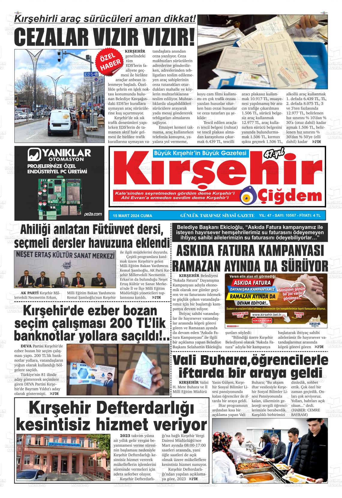 15 Mart 2024 Kırşehir Çiğdem Gazete Manşeti