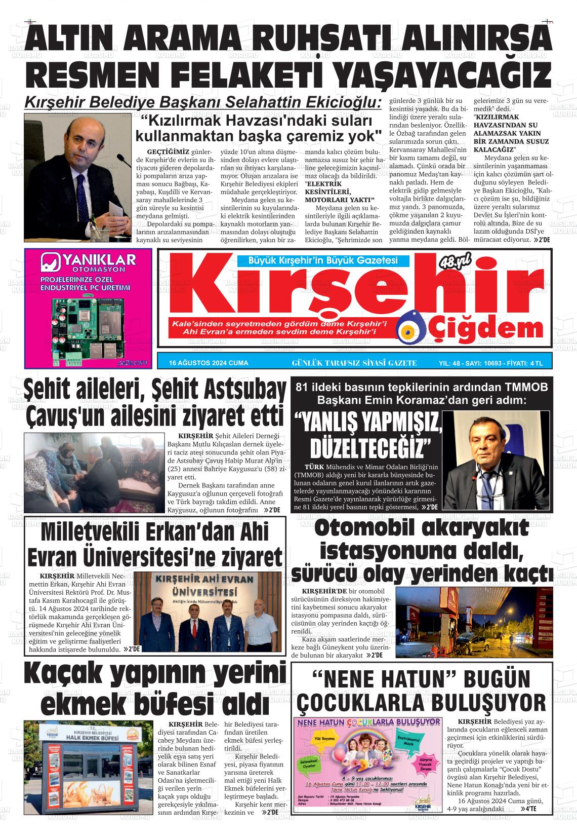 16 Ağustos 2024 Kırşehir Çiğdem Gazete Manşeti