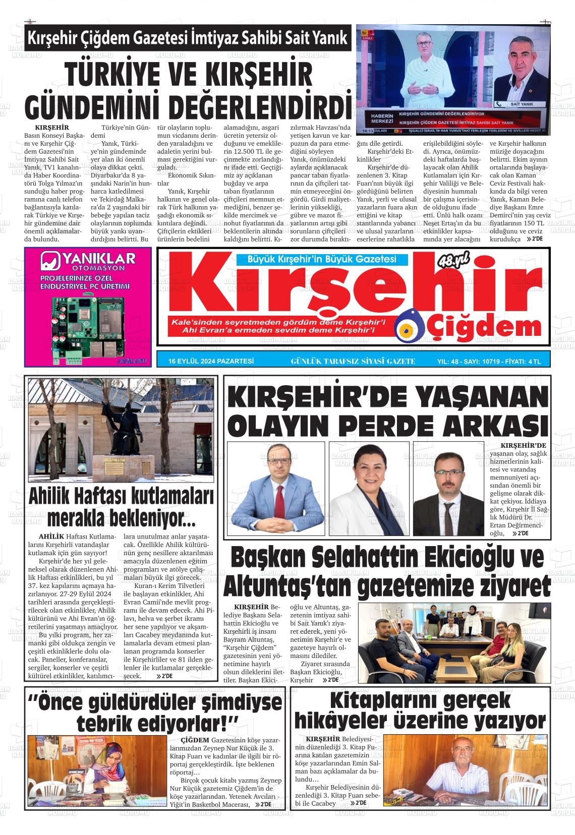 16 Eylül 2024 Kırşehir Çiğdem Gazete Manşeti