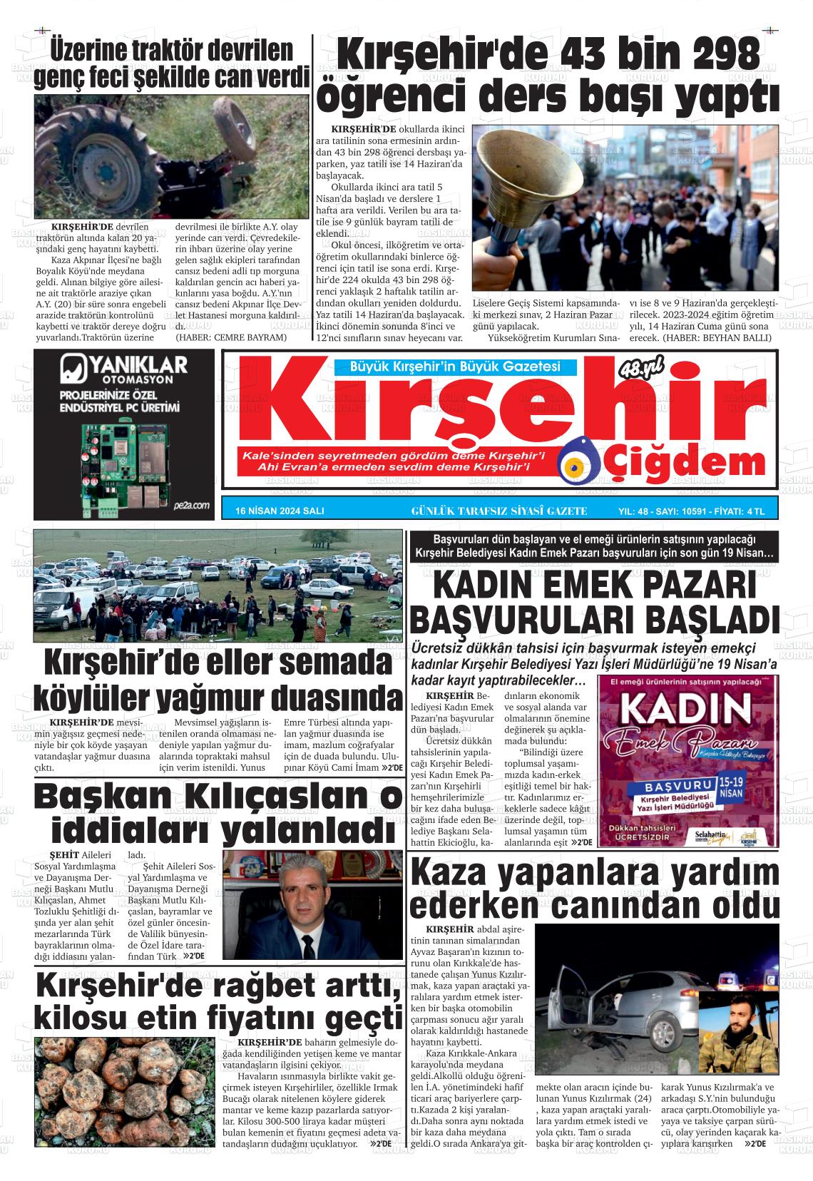 18 Nisan 2024 Kırşehir Çiğdem Gazete Manşeti