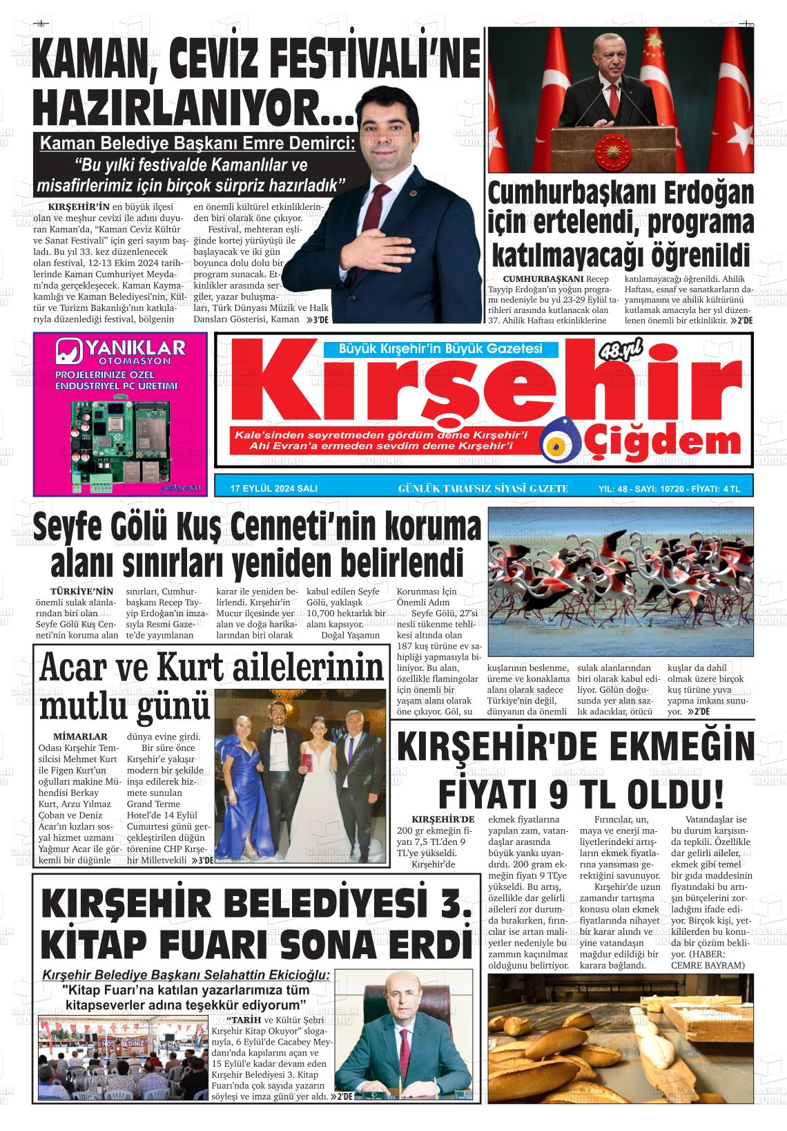 17 Eylül 2024 Kırşehir Çiğdem Gazete Manşeti