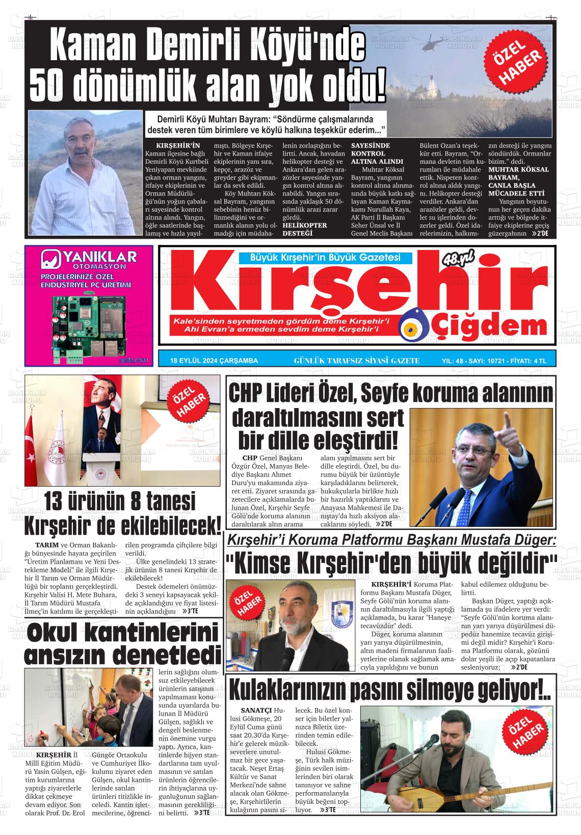 18 Eylül 2024 Kırşehir Çiğdem Gazete Manşeti