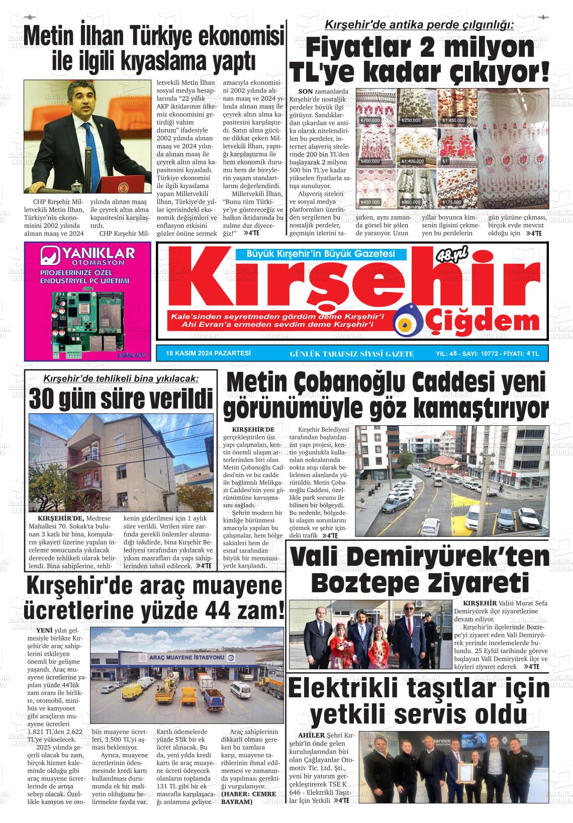 18 Kasım 2024 Kırşehir Çiğdem Gazete Manşeti