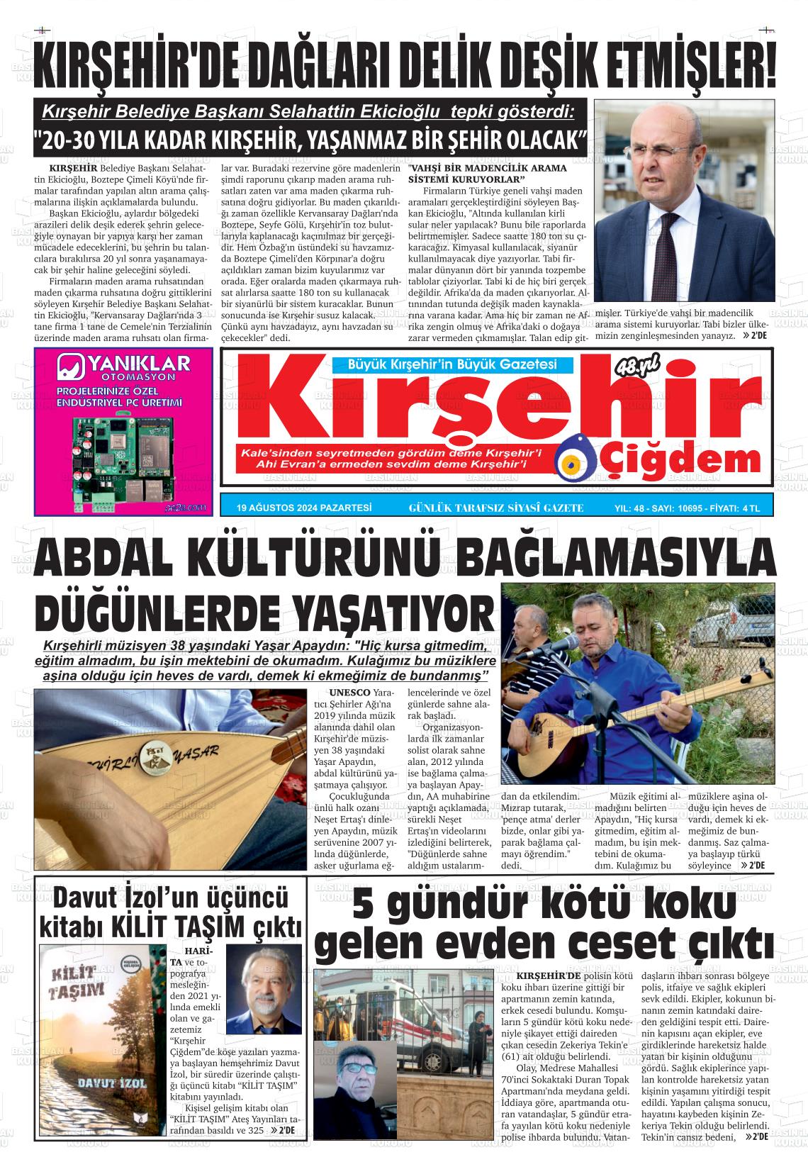 19 Ağustos 2024 Kırşehir Çiğdem Gazete Manşeti