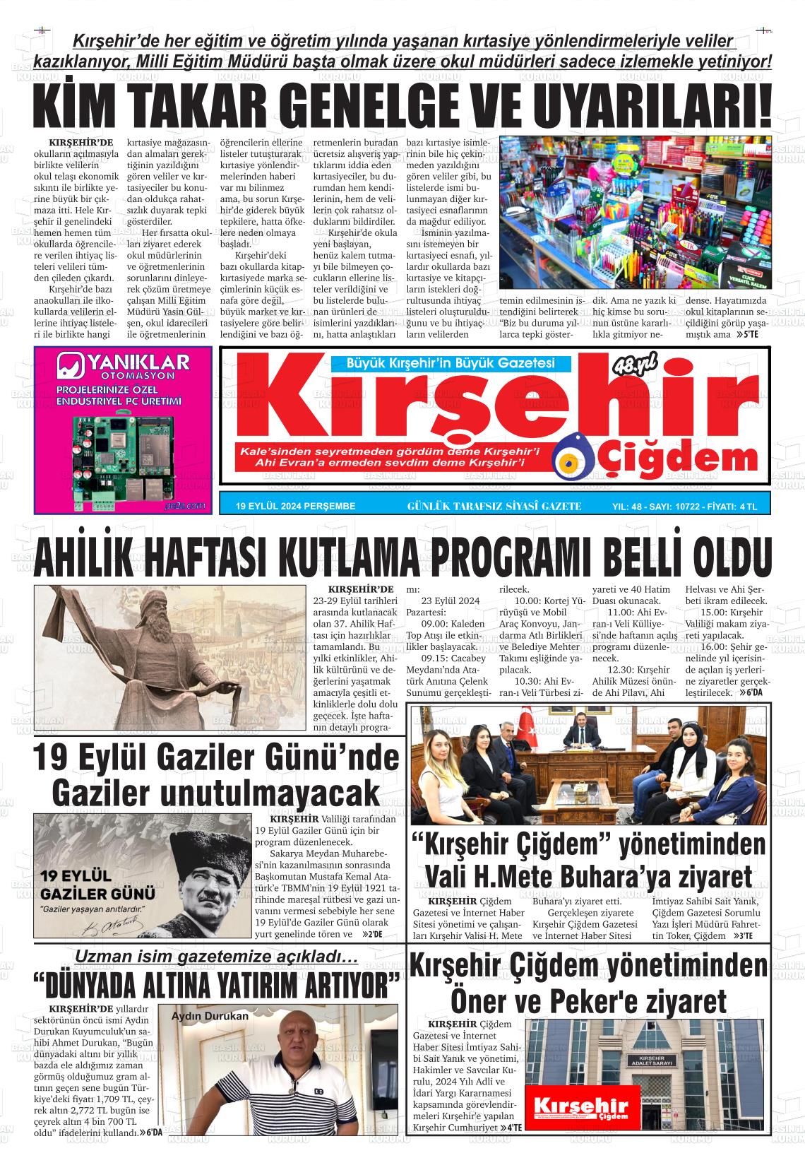 19 Eylül 2024 Kırşehir Çiğdem Gazete Manşeti