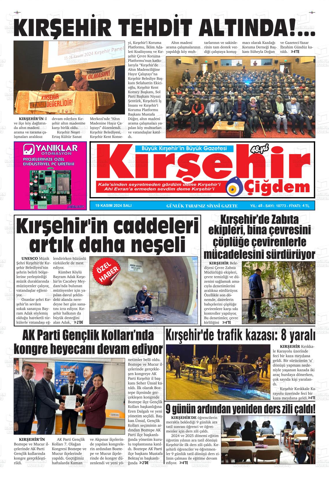 19 Kasım 2024 Kırşehir Çiğdem Gazete Manşeti