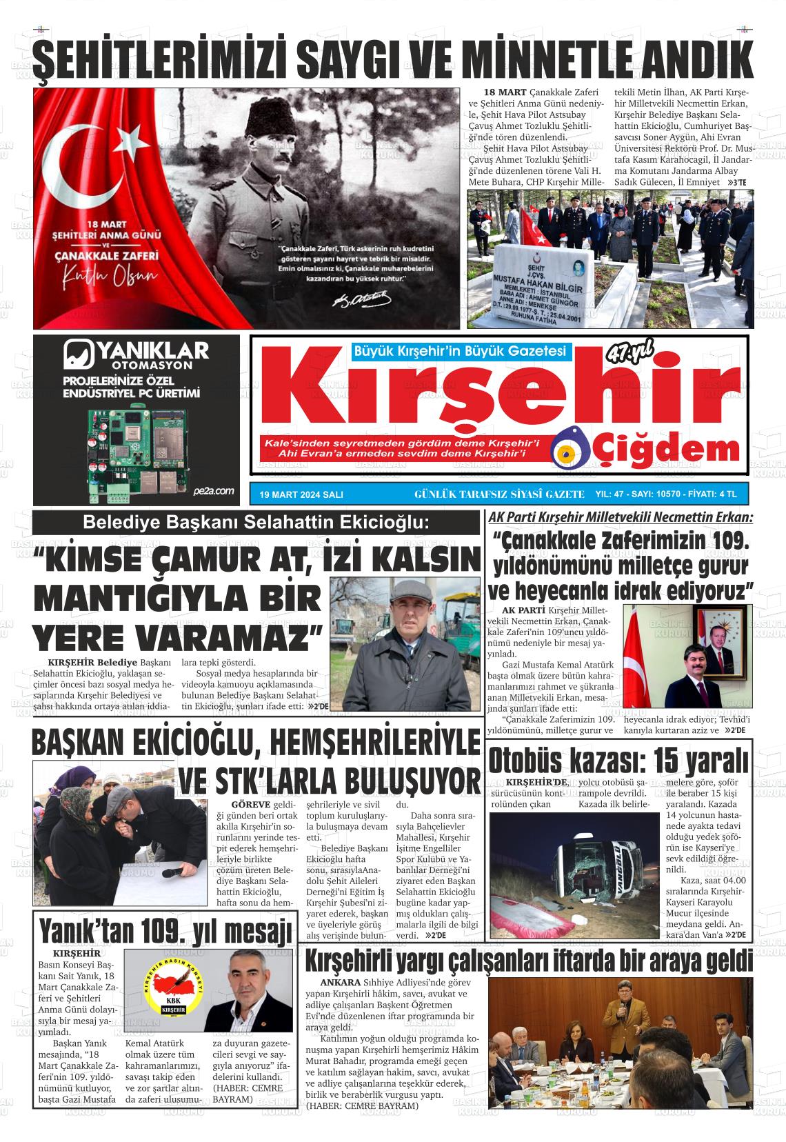 19 Mart 2024 Kırşehir Çiğdem Gazete Manşeti