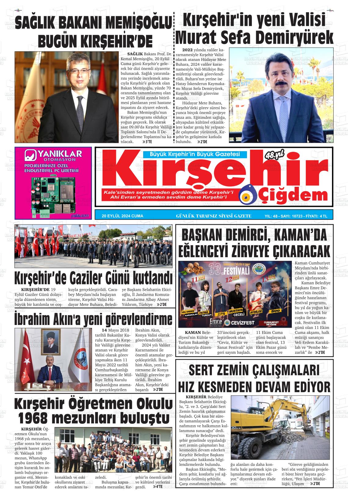 20 Eylül 2024 Kırşehir Çiğdem Gazete Manşeti