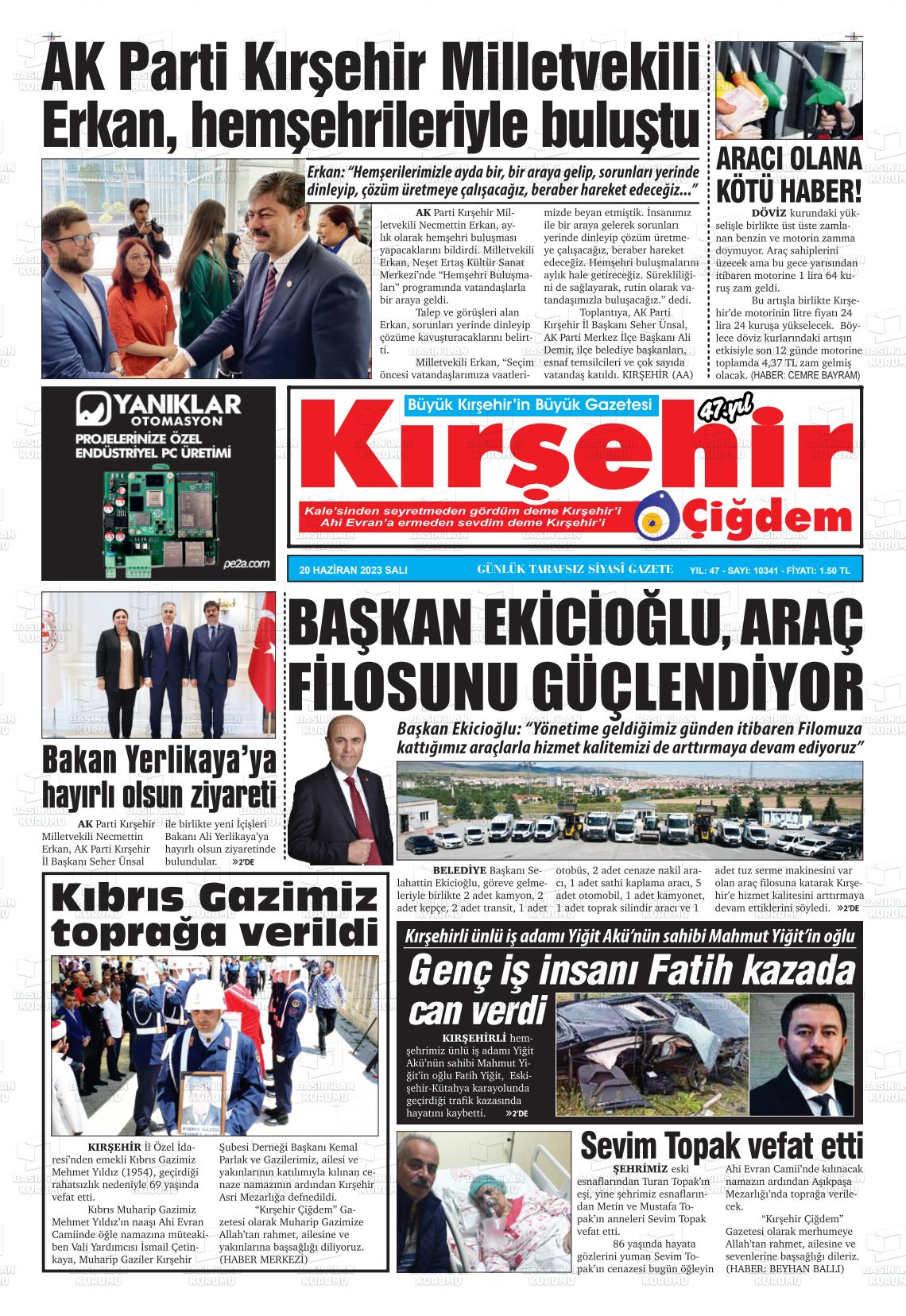 20 Haziran 2023 Kırşehir Çiğdem Gazete Manşeti