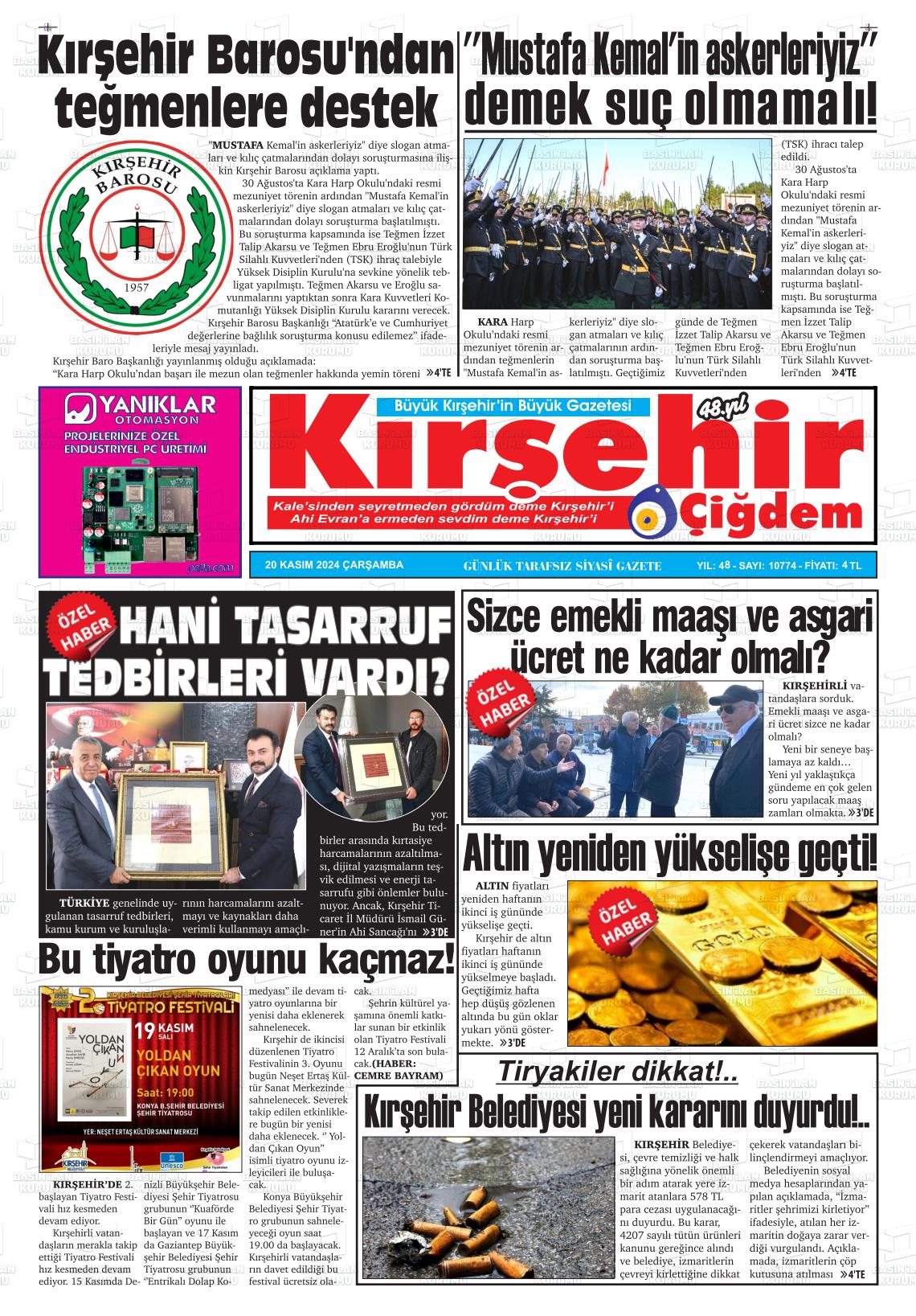 20 Kasım 2024 Kırşehir Çiğdem Gazete Manşeti