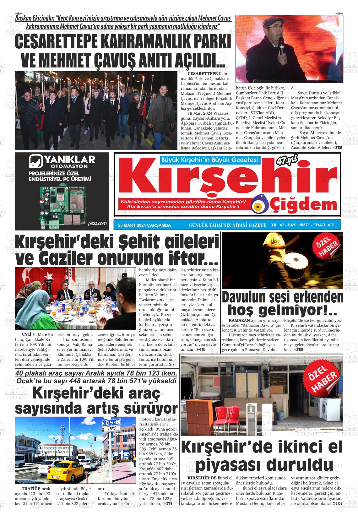 20 Mart 2024 Kırşehir Çiğdem Gazete Manşeti