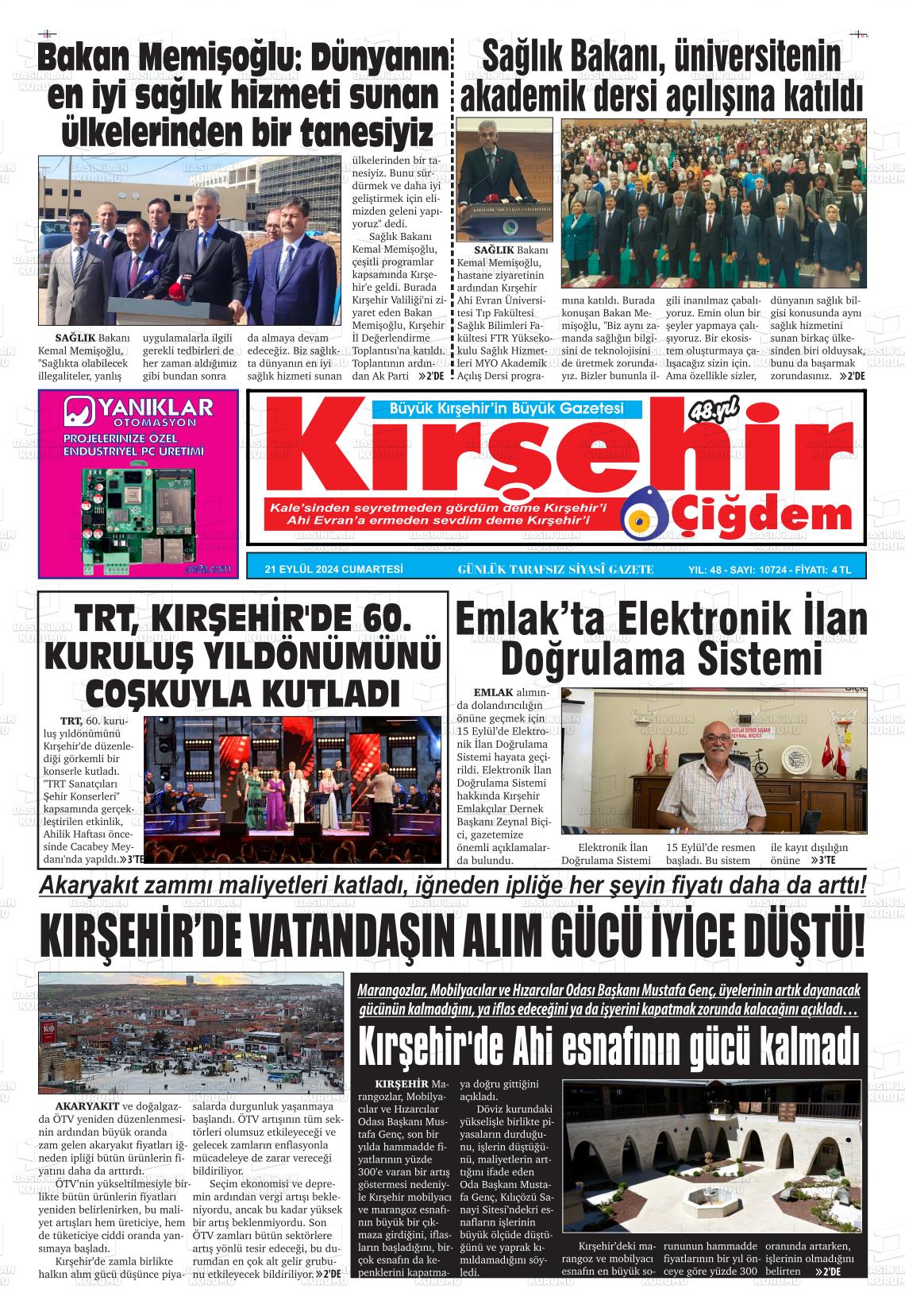 21 Eylül 2024 Kırşehir Çiğdem Gazete Manşeti