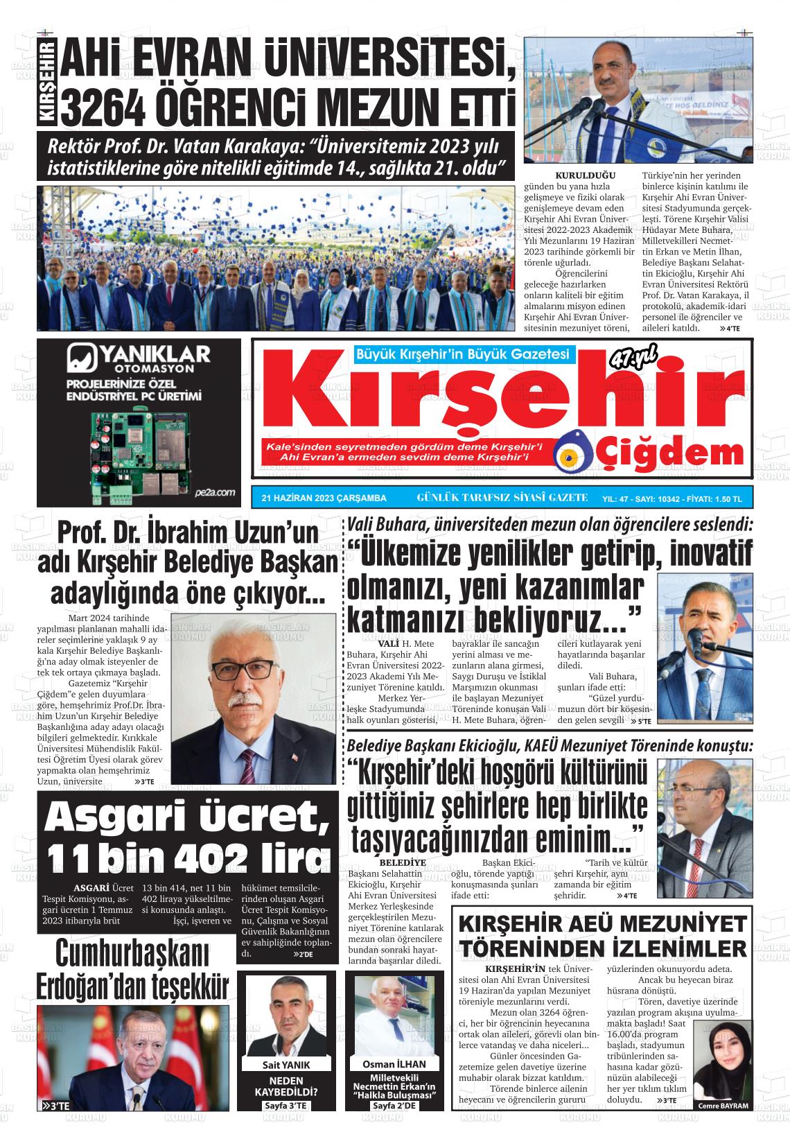 21 Haziran 2023 Kırşehir Çiğdem Gazete Manşeti