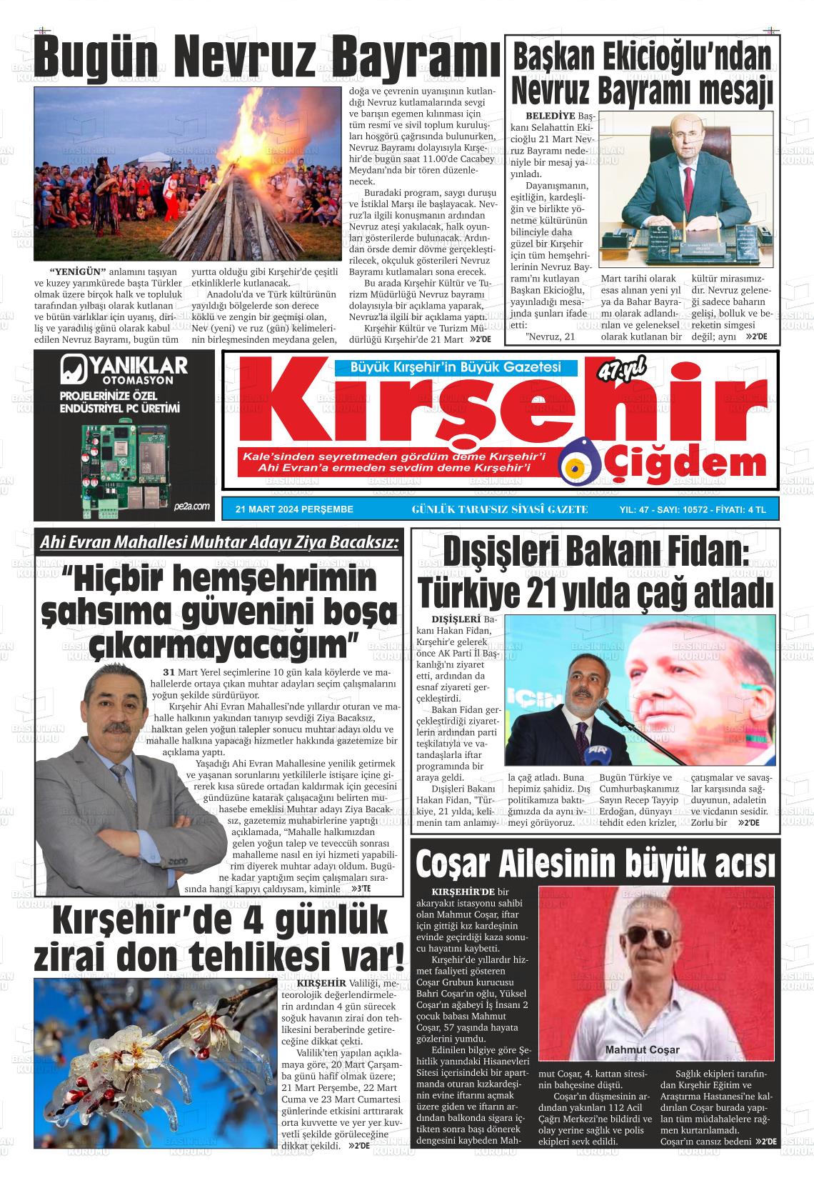 21 Mart 2024 Kırşehir Çiğdem Gazete Manşeti