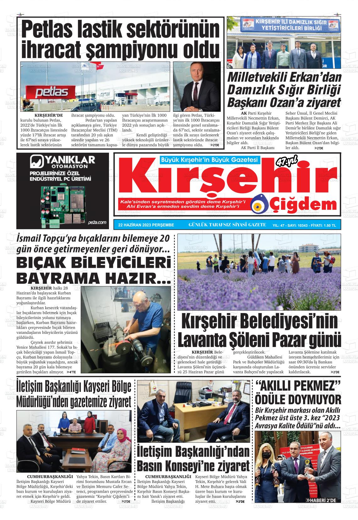 22 Haziran 2023 Kırşehir Çiğdem Gazete Manşeti