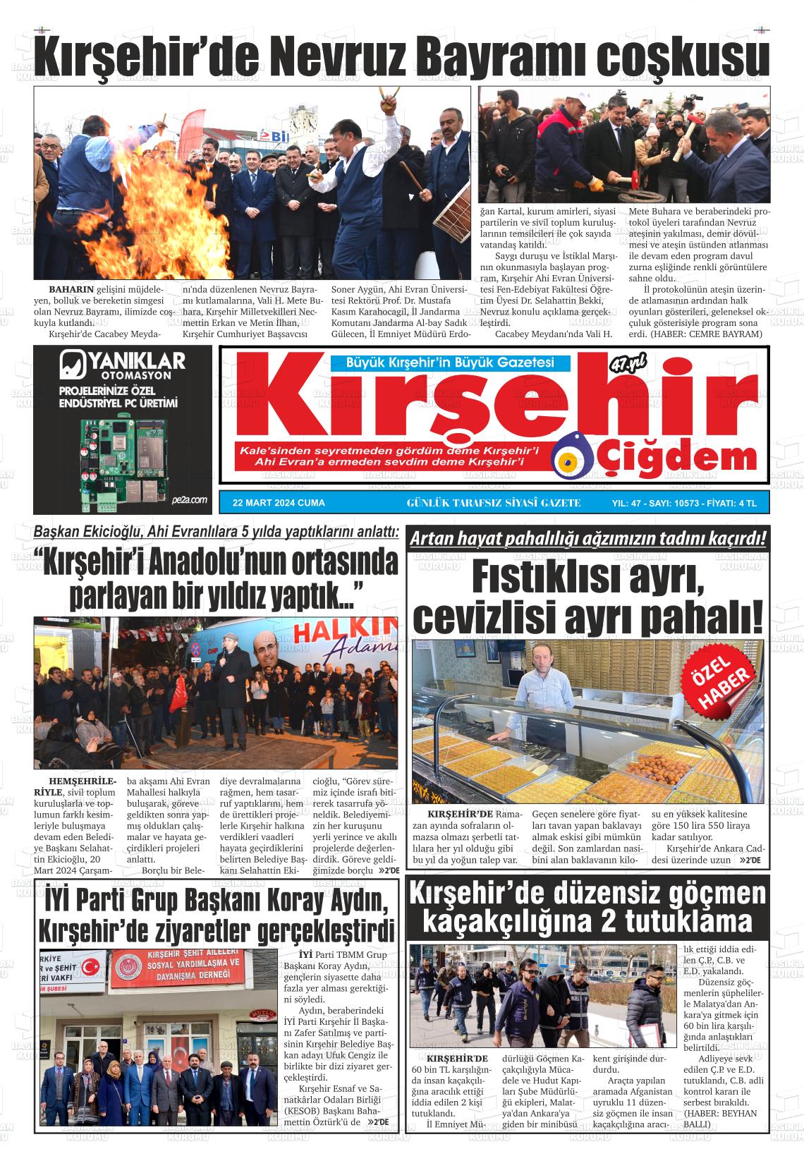 22 Mart 2024 Kırşehir Çiğdem Gazete Manşeti