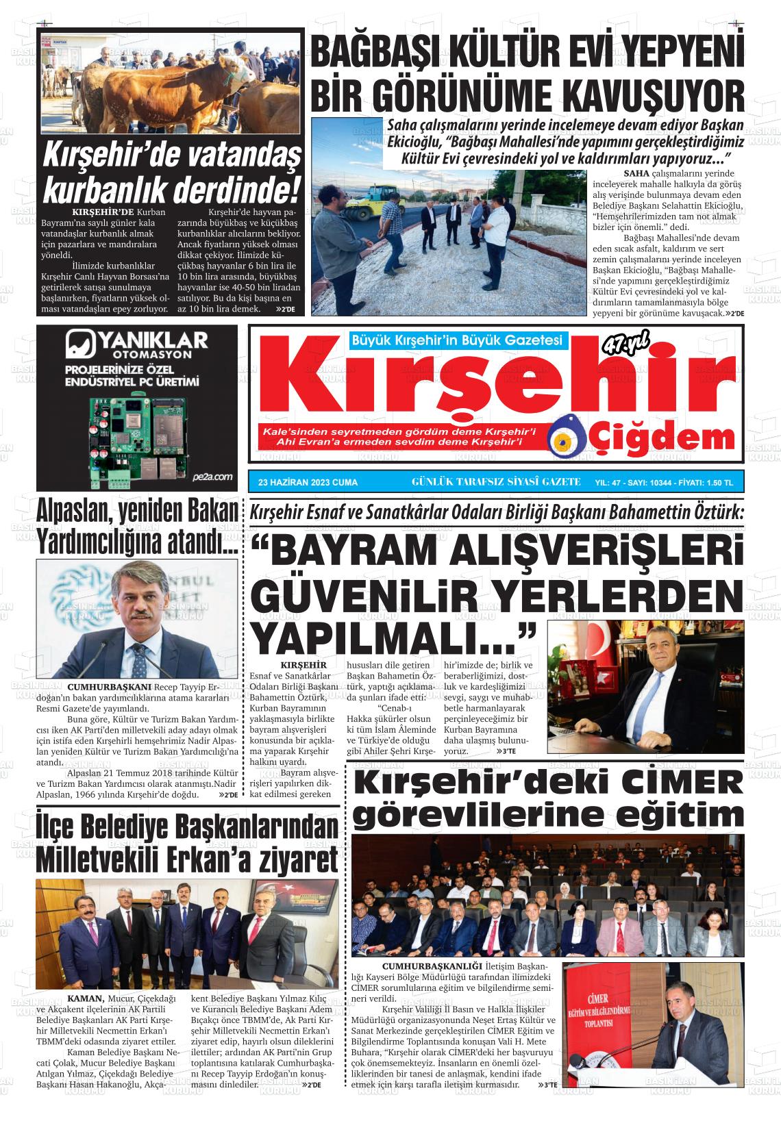 23 Haziran 2023 Kırşehir Çiğdem Gazete Manşeti