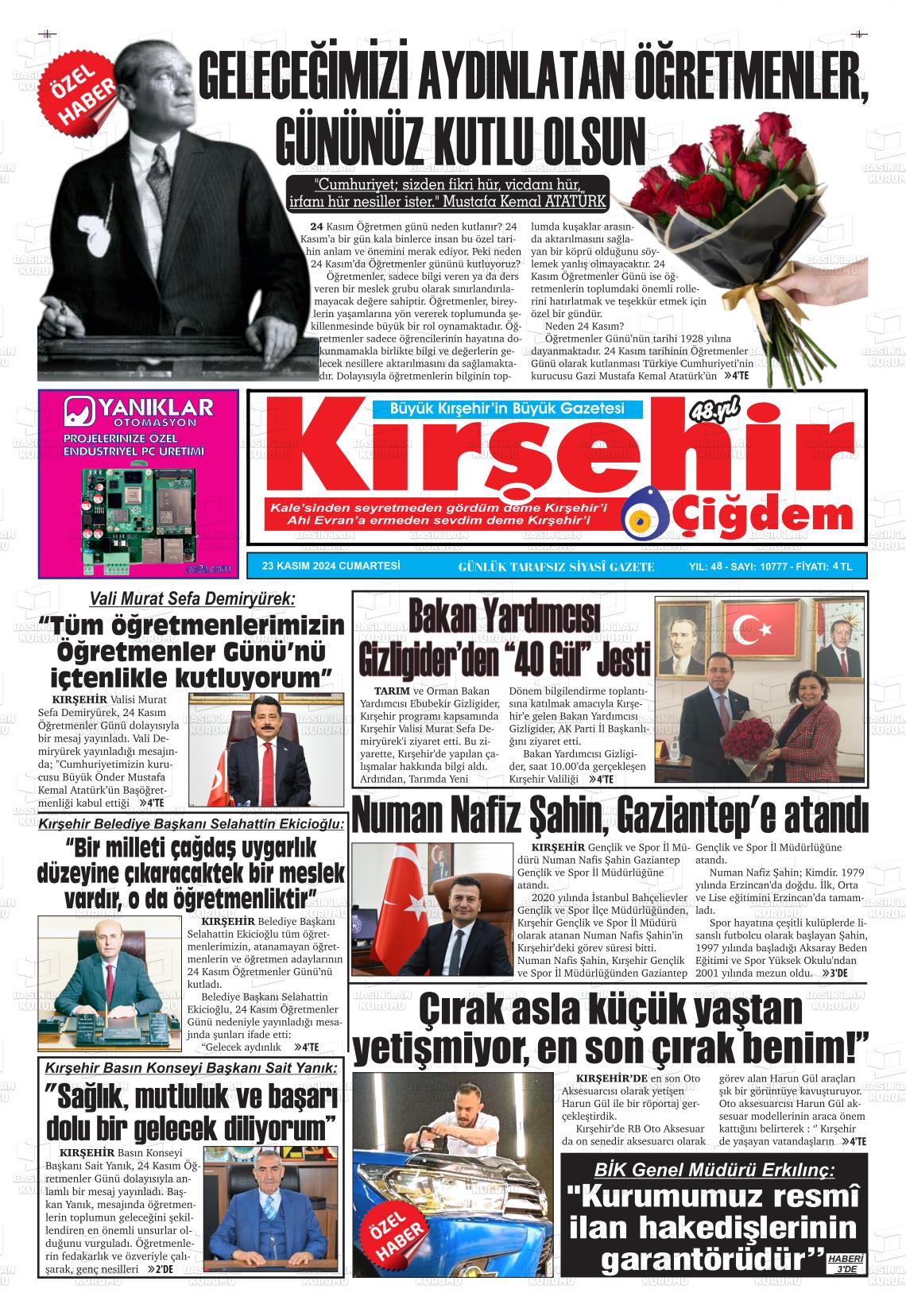 23 Kasım 2024 Kırşehir Çiğdem Gazete Manşeti