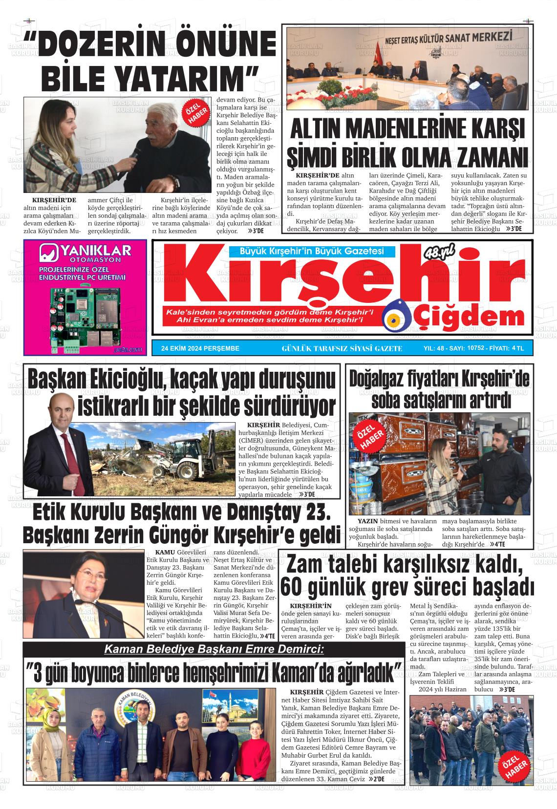 24 Ekim 2024 Kırşehir Çiğdem Gazete Manşeti