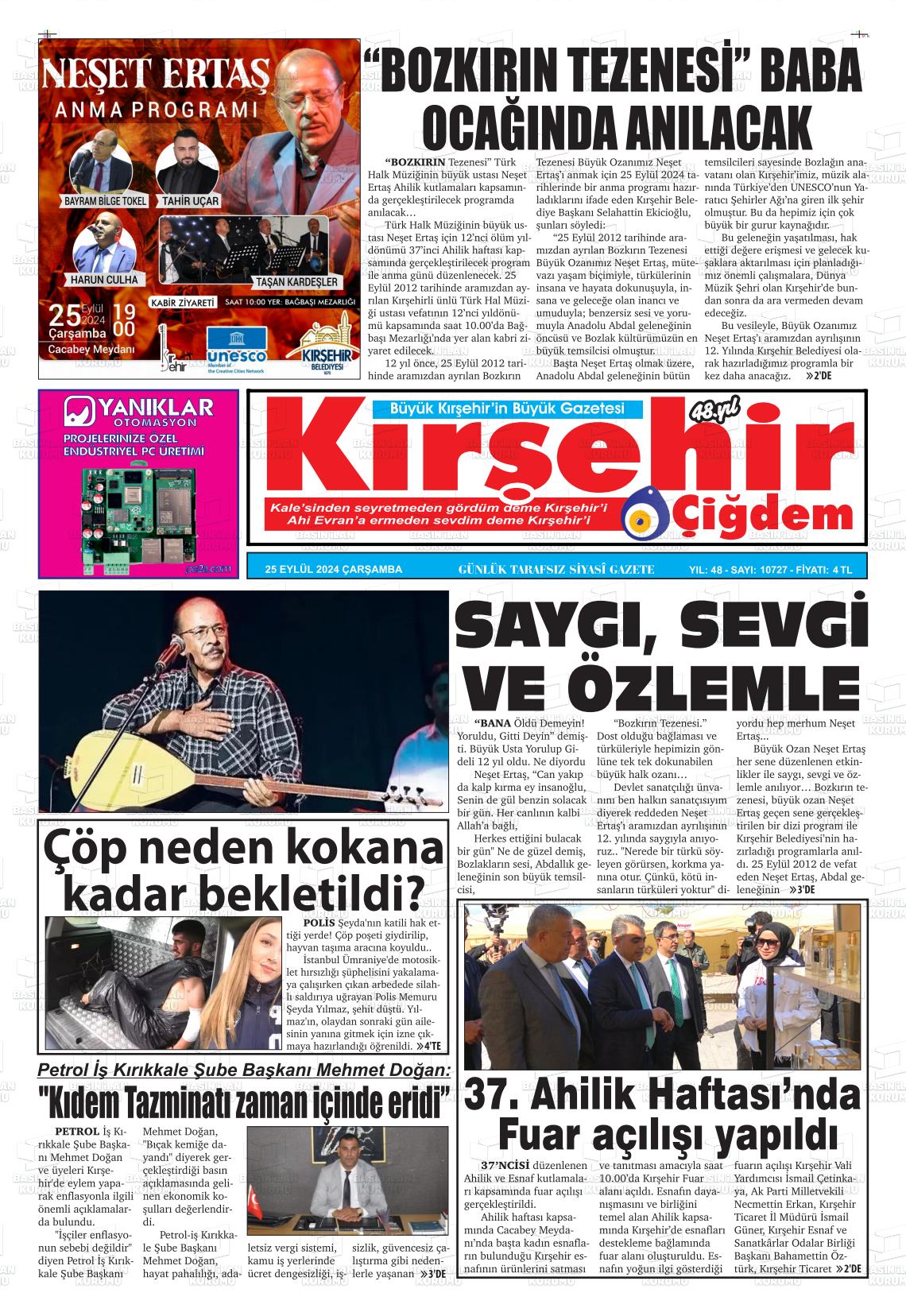 25 Eylül 2024 Kırşehir Çiğdem Gazete Manşeti