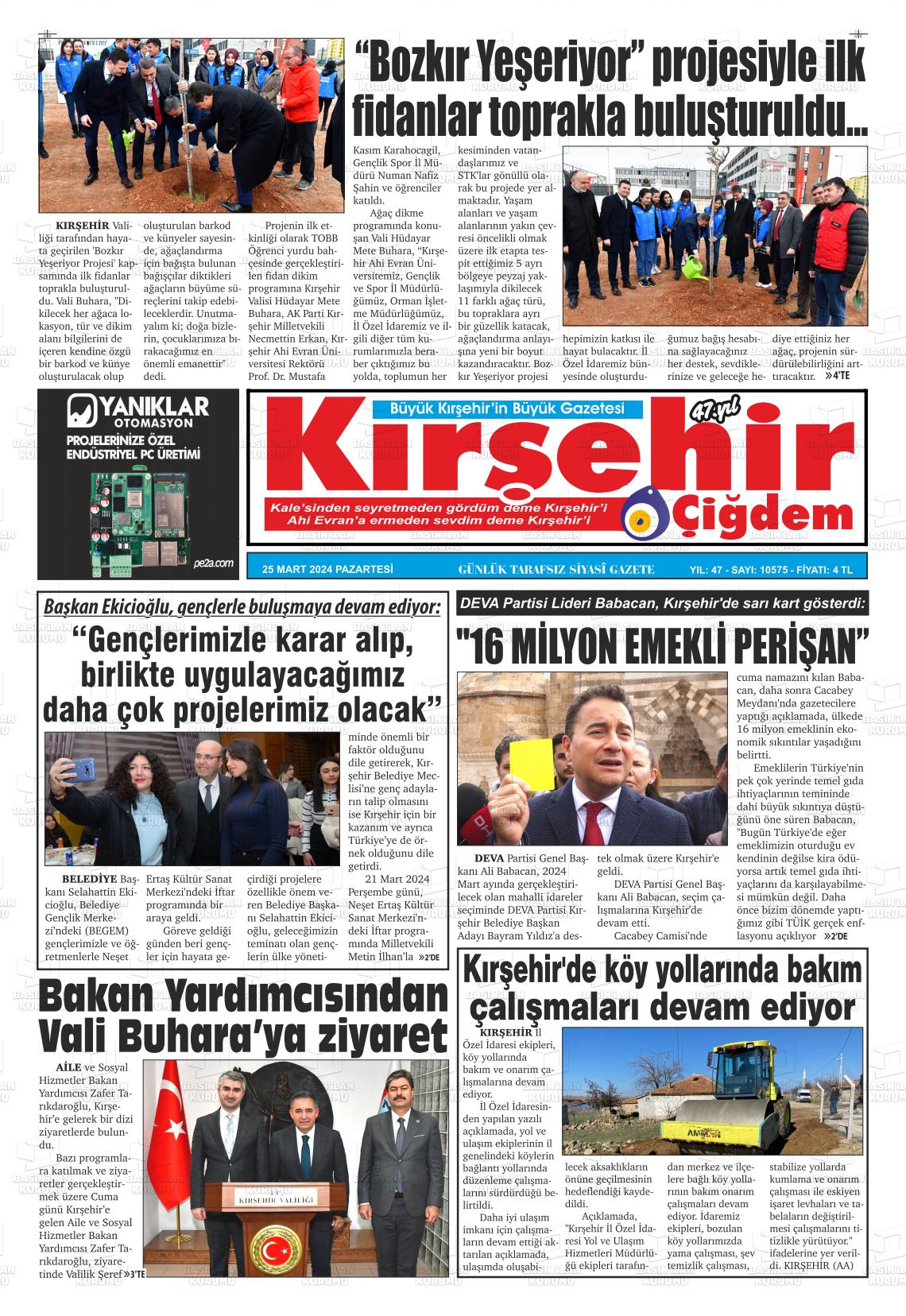 25 Mart 2024 Kırşehir Çiğdem Gazete Manşeti