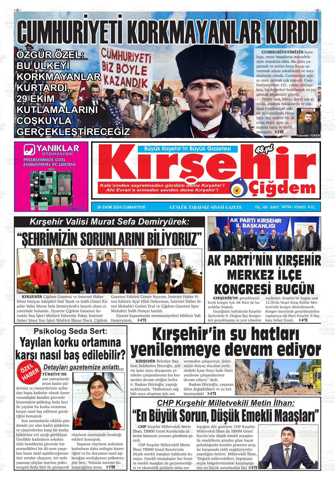 26 Ekim 2024 Kırşehir Çiğdem Gazete Manşeti