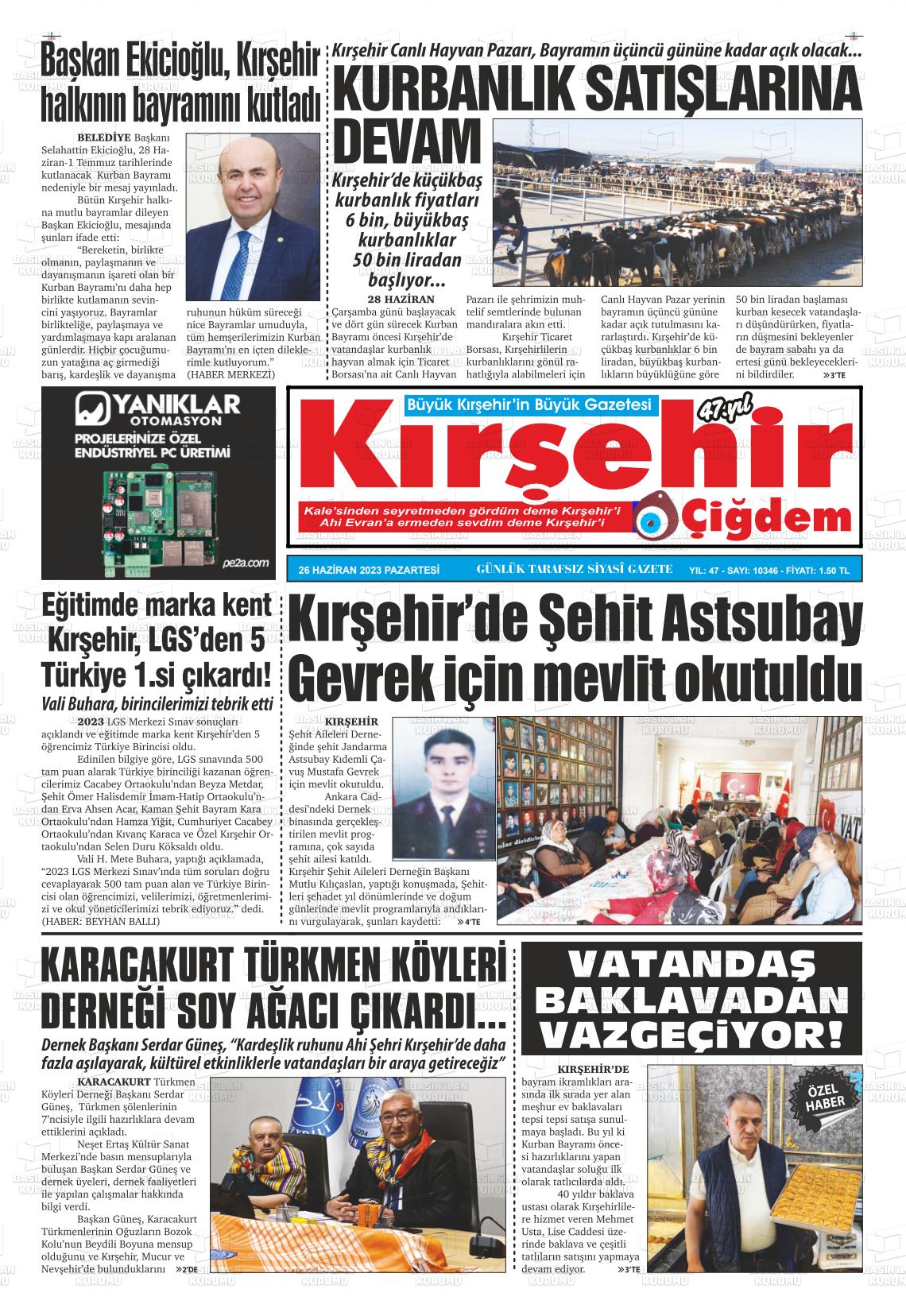 27 Haziran 2023 Kırşehir Çiğdem Gazete Manşeti