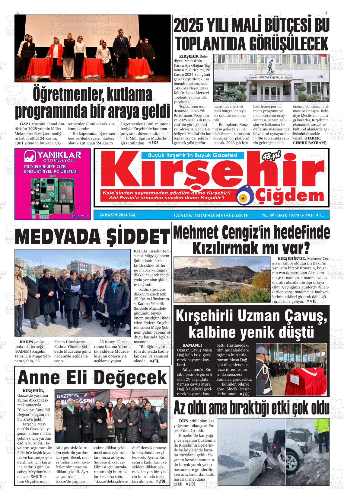 26 Kasım 2024 Kırşehir Çiğdem Gazete Manşeti