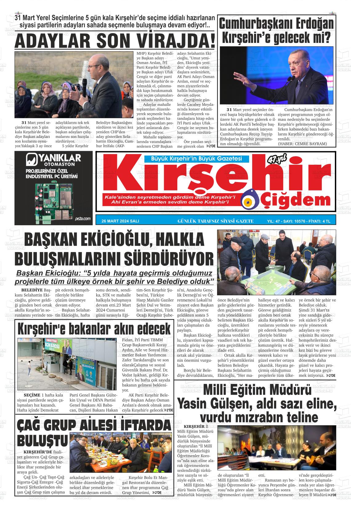 26 Mart 2024 Kırşehir Çiğdem Gazete Manşeti