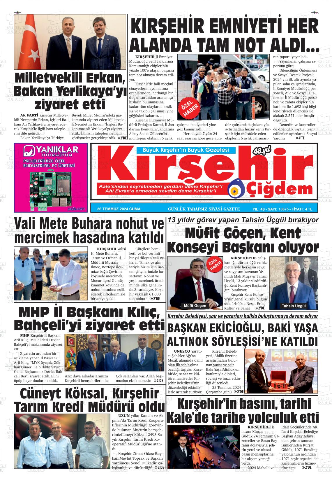 27 Temmuz 2024 Kırşehir Çiğdem Gazete Manşeti