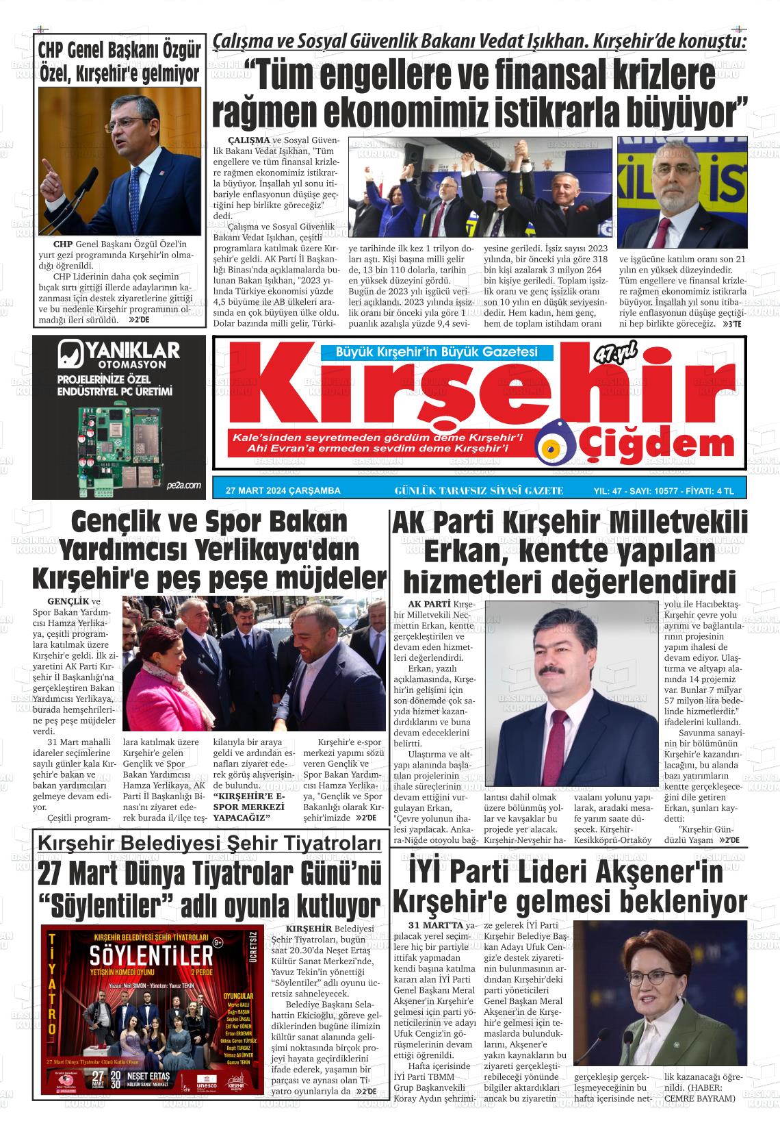 27 Mart 2024 Kırşehir Çiğdem Gazete Manşeti