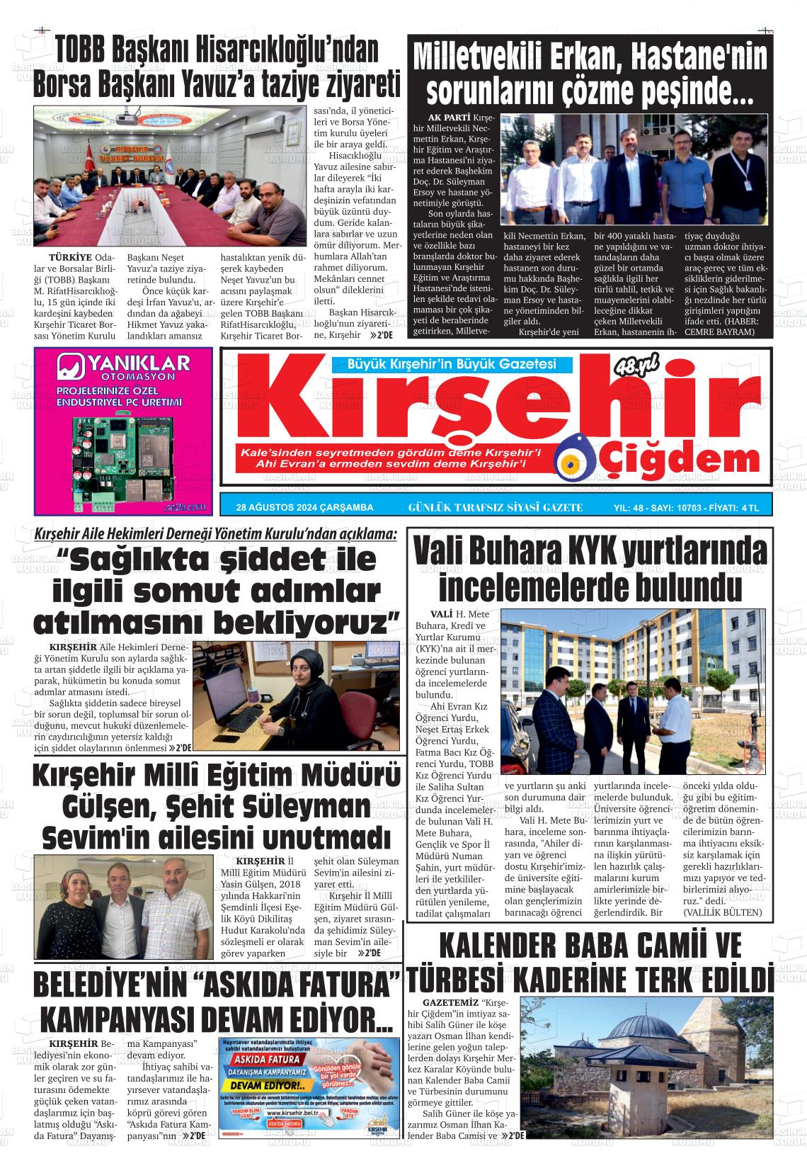 28 Ağustos 2024 Kırşehir Çiğdem Gazete Manşeti