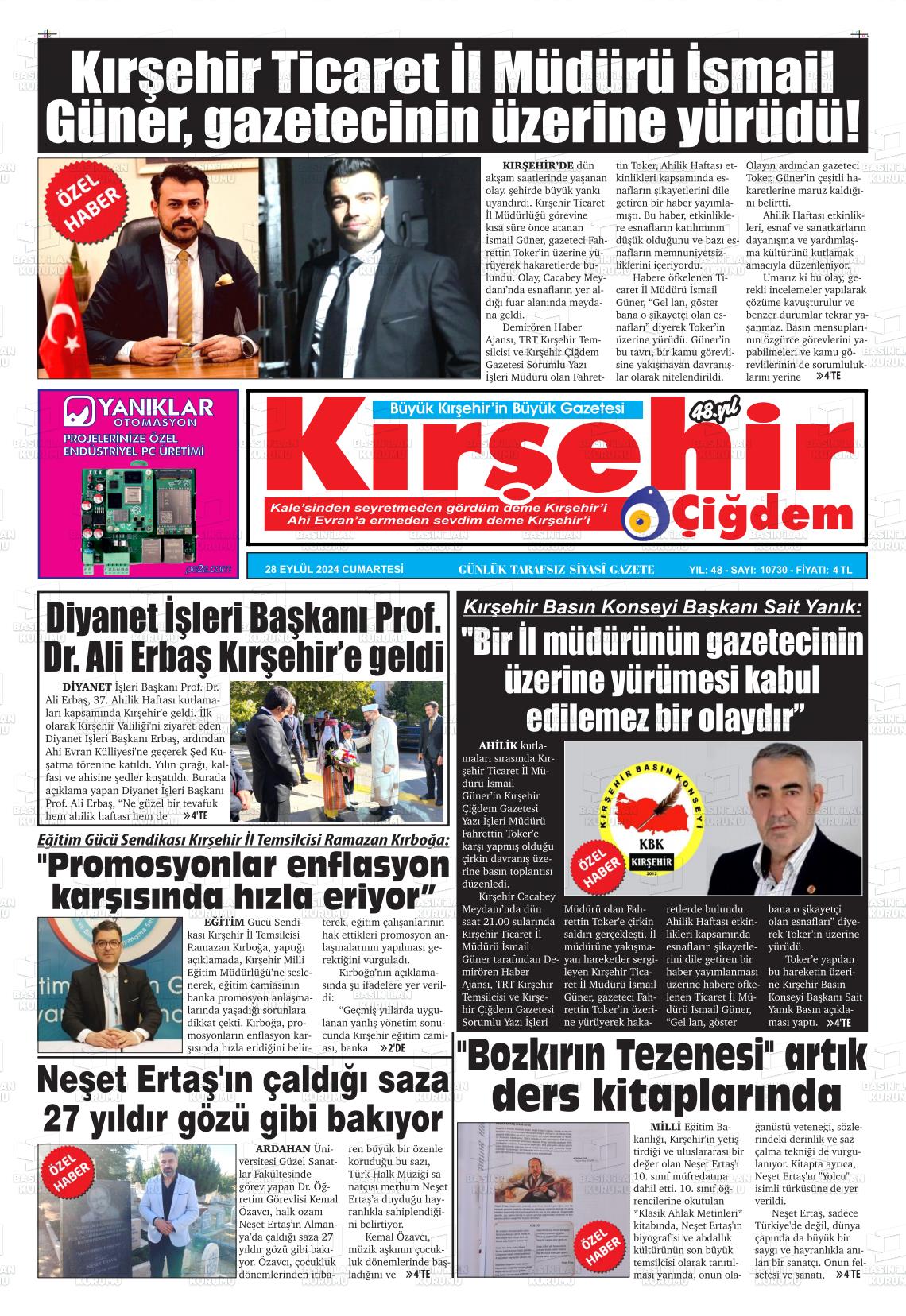 28 Eylül 2024 Kırşehir Çiğdem Gazete Manşeti