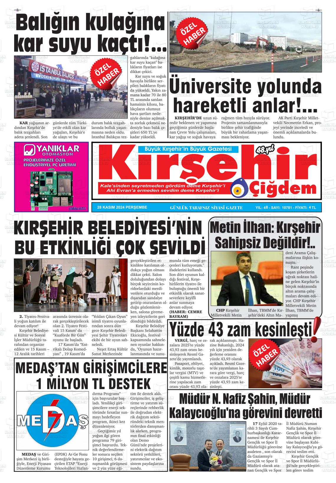 02 Aralık 2024 Kırşehir Çiğdem Gazete Manşeti