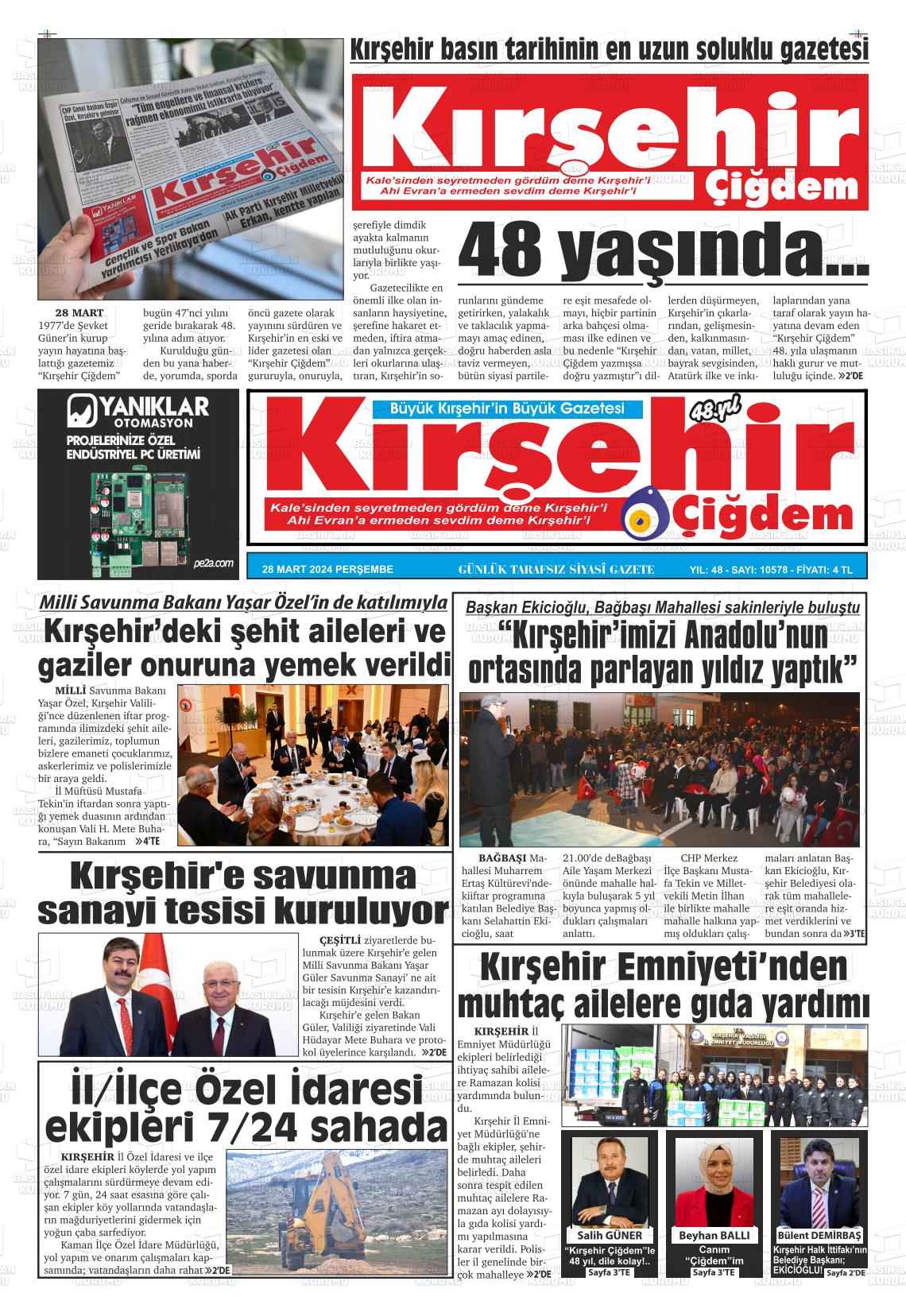 28 Mart 2024 Kırşehir Çiğdem Gazete Manşeti