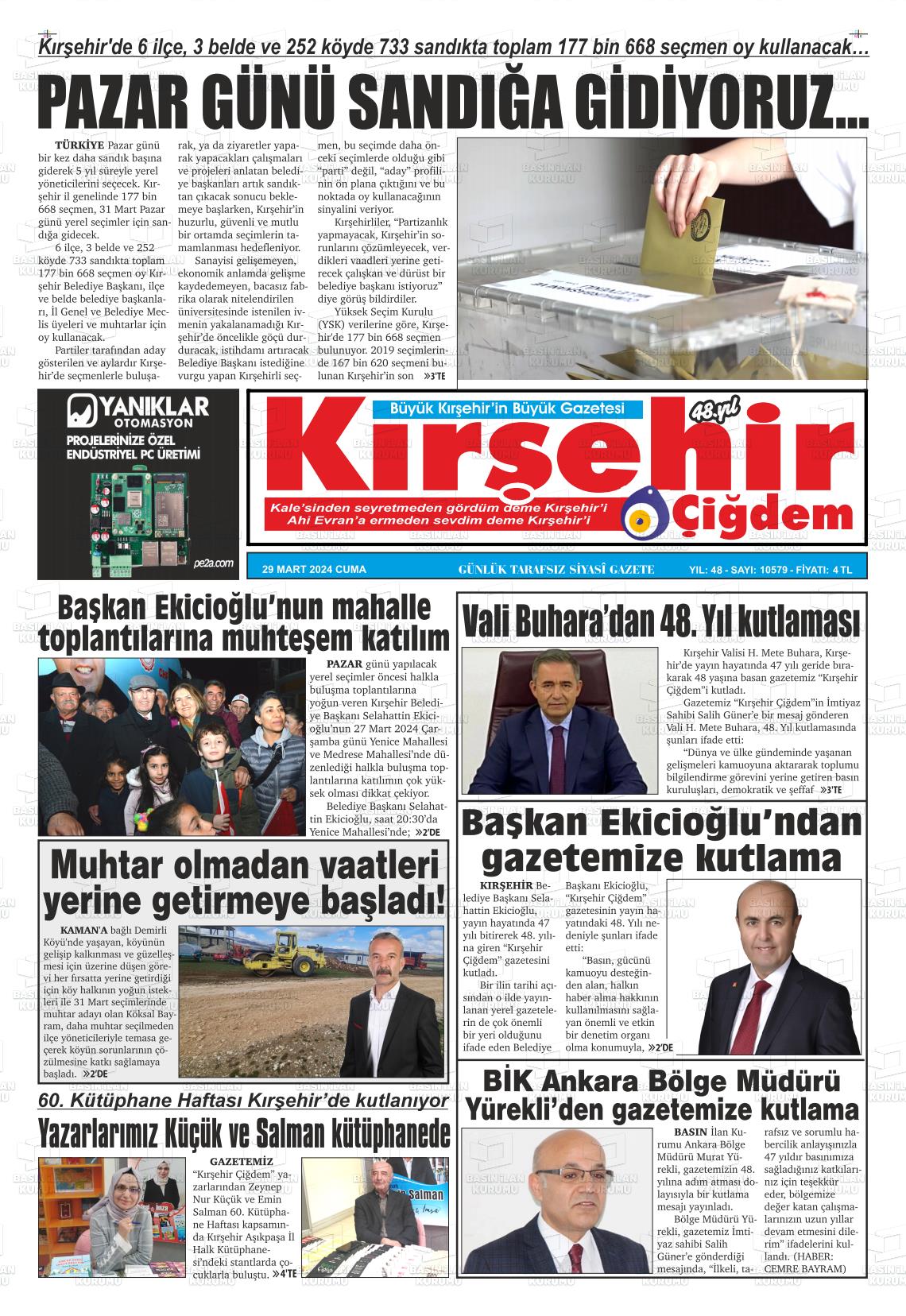 29 Mart 2024 Kırşehir Çiğdem Gazete Manşeti