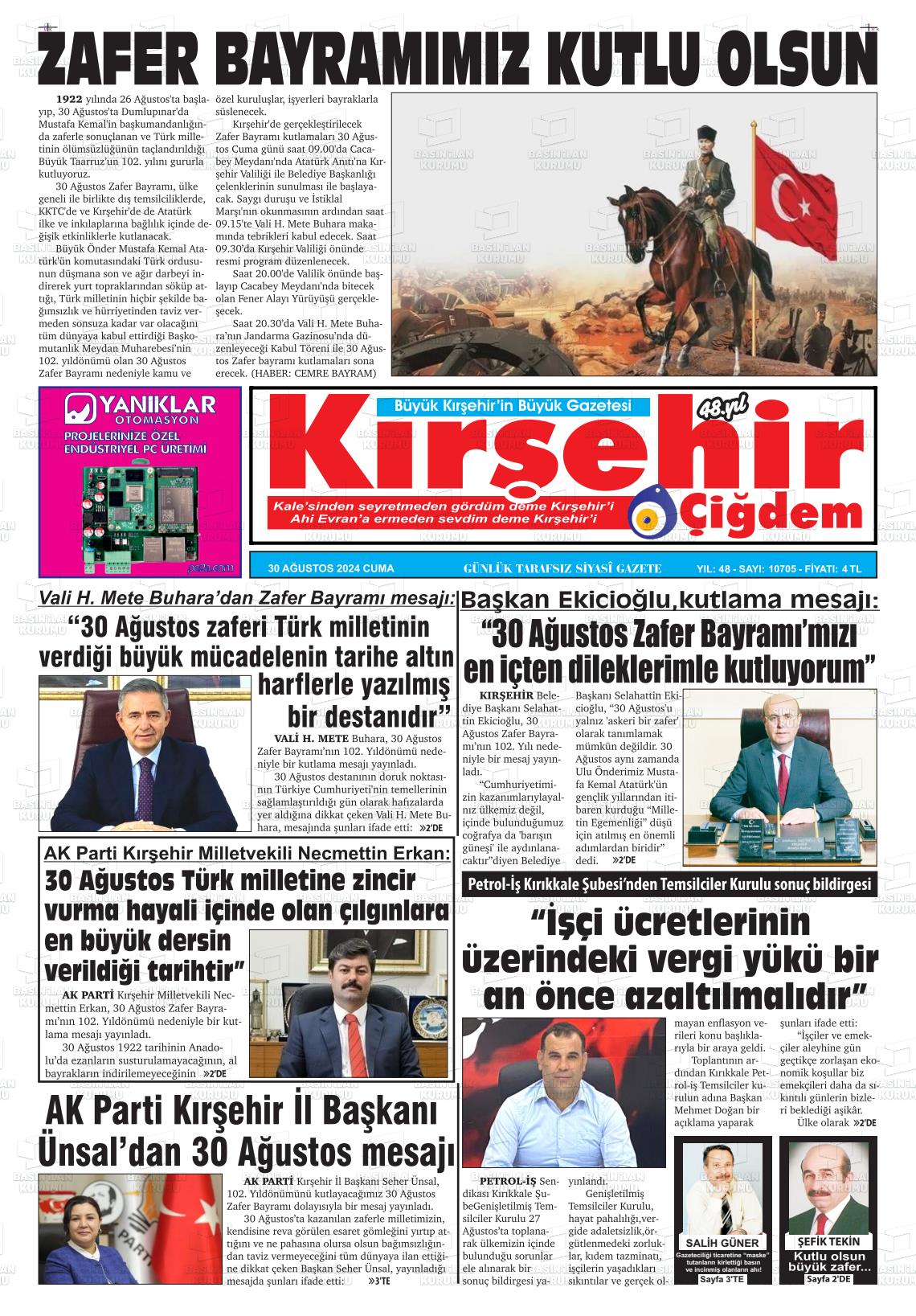 30 Ağustos 2024 Kırşehir Çiğdem Gazete Manşeti