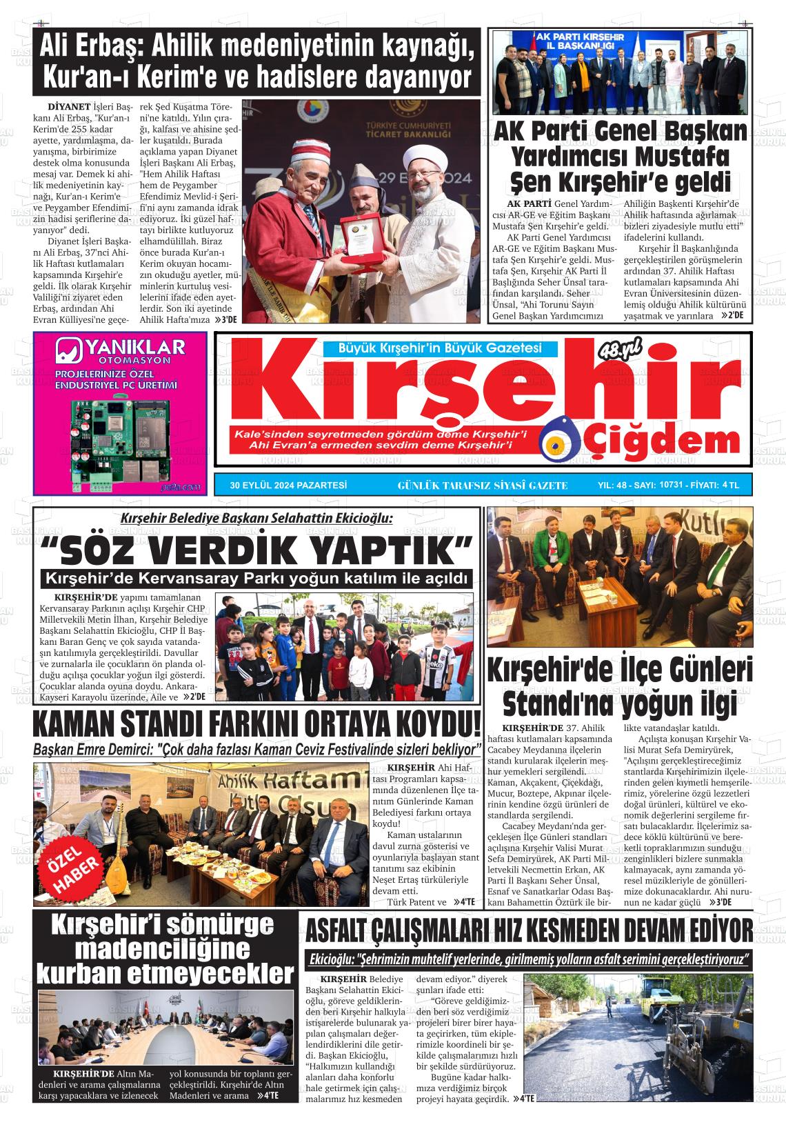 30 Eylül 2024 Kırşehir Çiğdem Gazete Manşeti