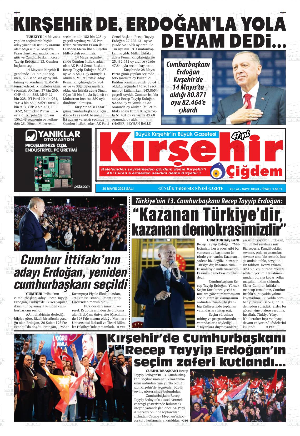 30 Mayıs 2023 Kırşehir Çiğdem Gazete Manşeti