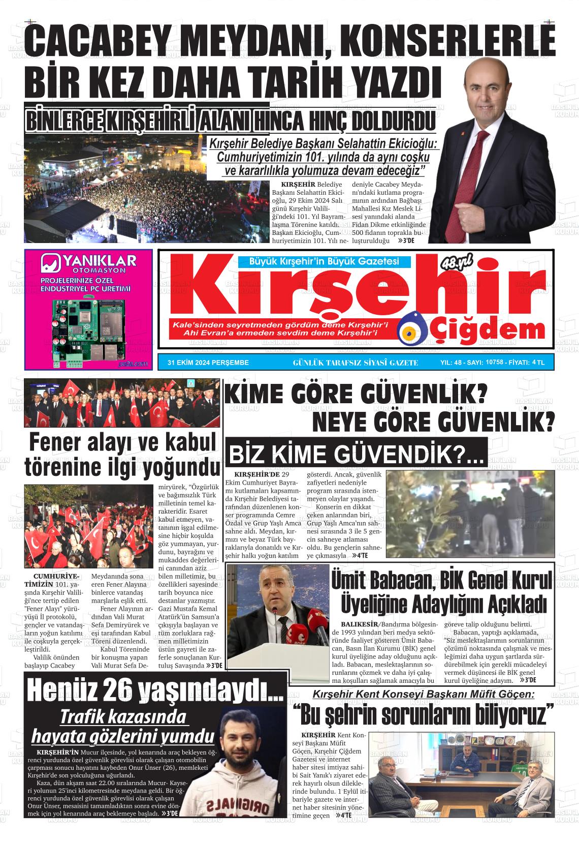 31 Ekim 2024 Kırşehir Çiğdem Gazete Manşeti