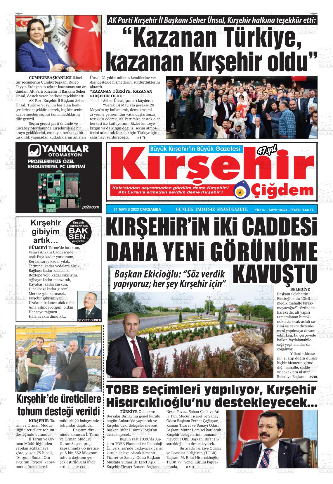 31 Mayıs 2023 Kırşehir Çiğdem Gazete Manşeti