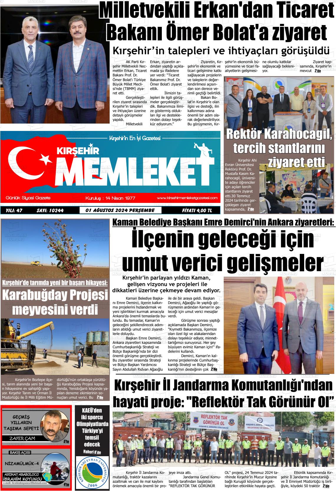 01 Ağustos 2024 Kırşehir Memleket Gazete Manşeti