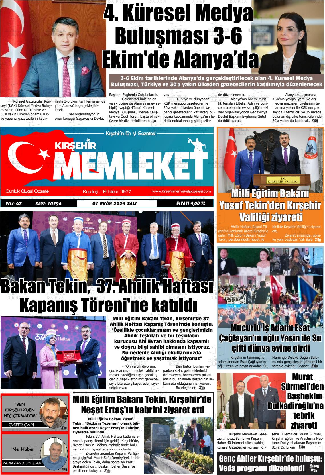 01 Ekim 2024 Kırşehir Memleket Gazete Manşeti