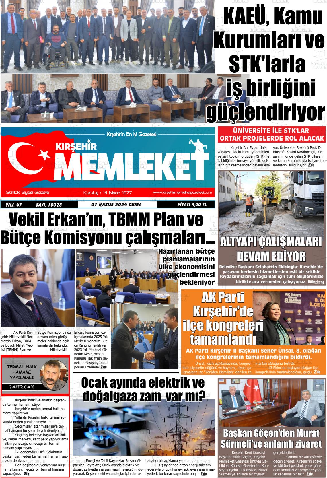 01 Kasım 2024 Kırşehir Memleket Gazete Manşeti