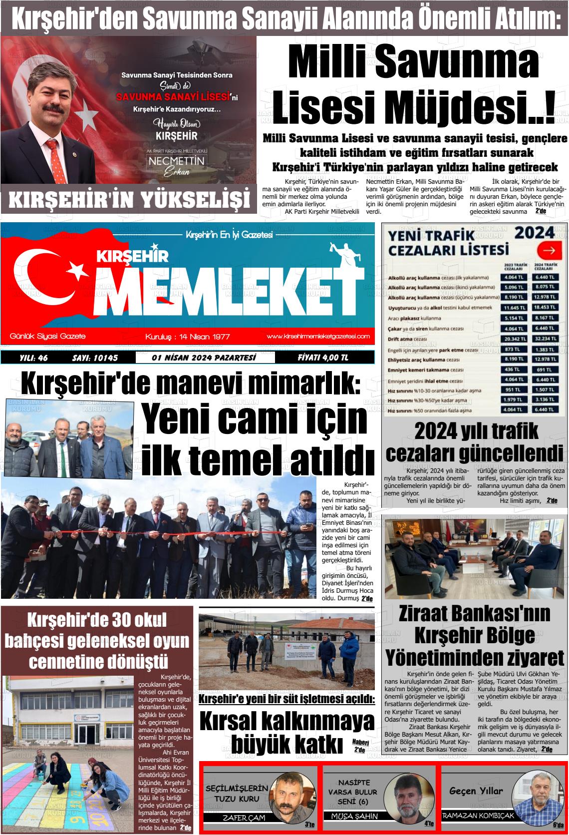 01 Nisan 2024 Kırşehir Memleket Gazete Manşeti